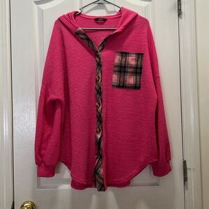 Dokotoo Womens Large Pink Flannel Waffle Knit Hooded Shacket